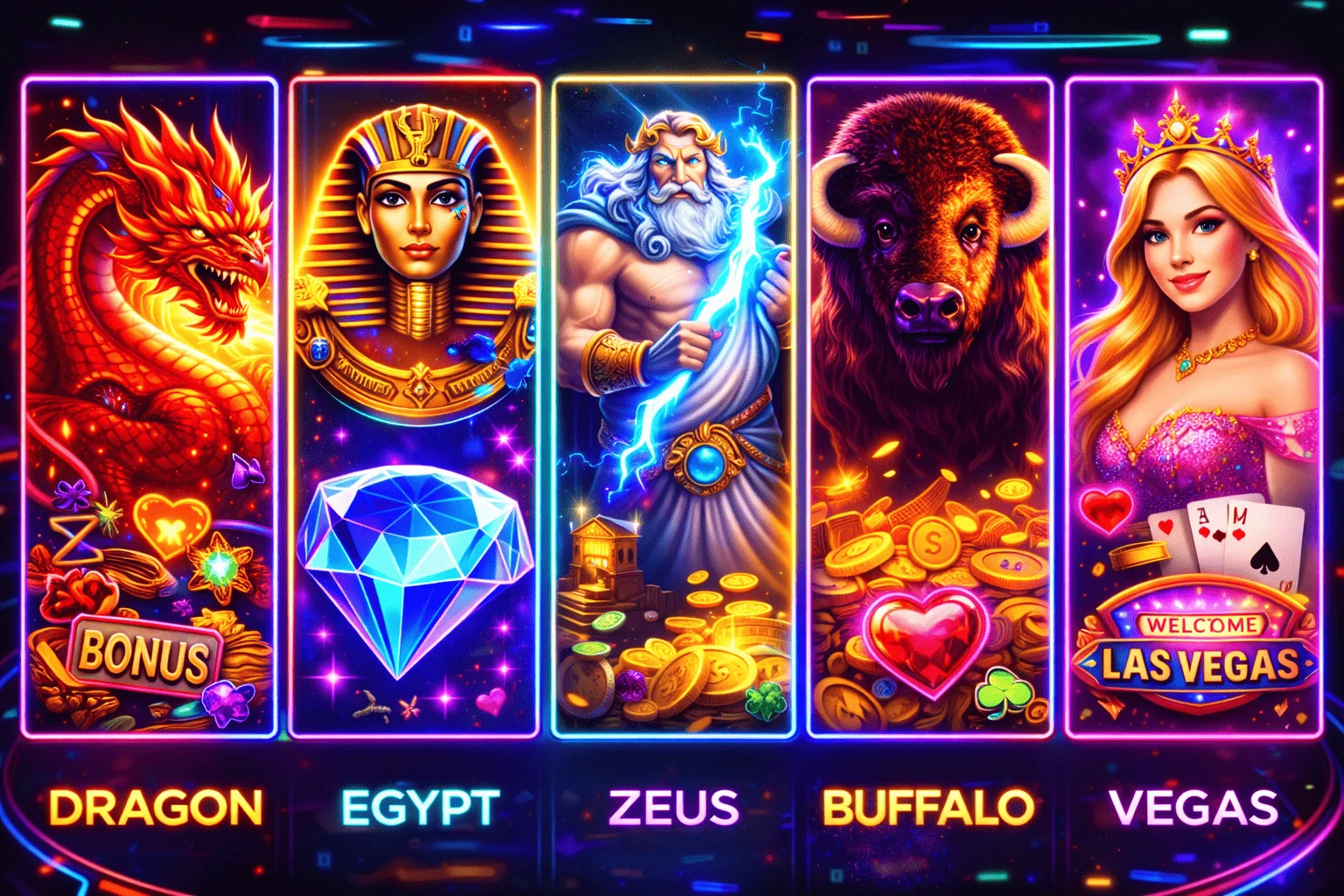 Caswino slot themes including dragon, egypt, zeus and vegas casino games