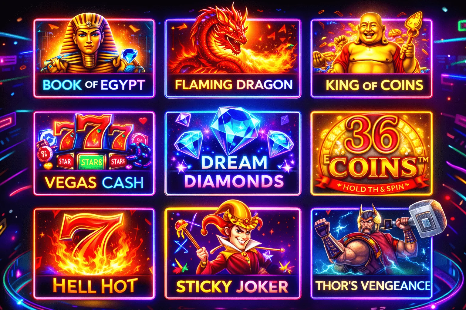 Caswino casino slots collection including dragon, Egypt and Vegas themed games